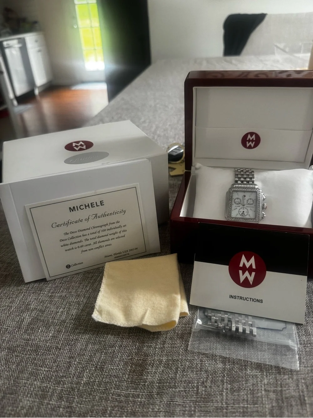 Michele Silver Stainless Steel Diamond-Accent Square Chronograph Watch